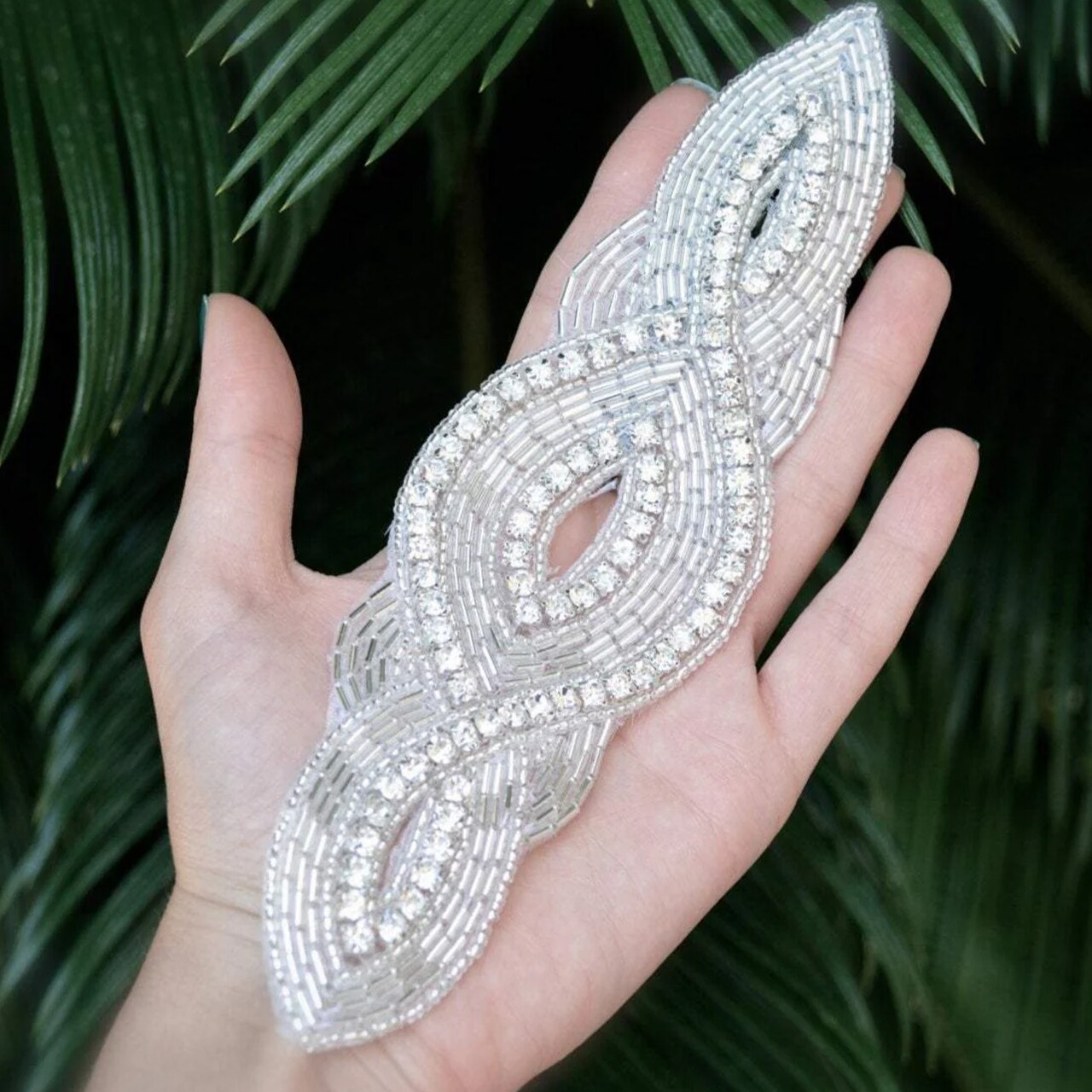 7.5" x 2" Silver Rhinestone Beaded Applique Patch for Wedding Gown Headpiece DIY